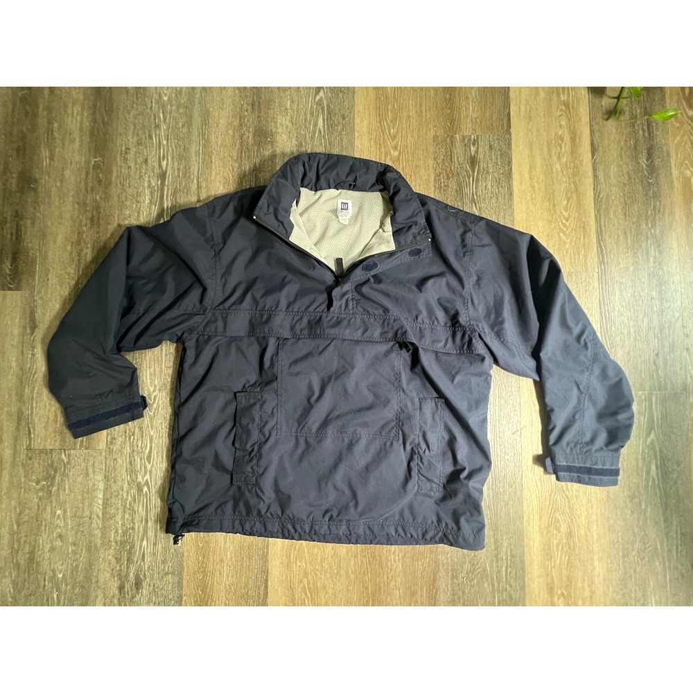 Gap Anorak Windbreaker Mens XL Navy Blue Half Zip Packable Hood Pullover